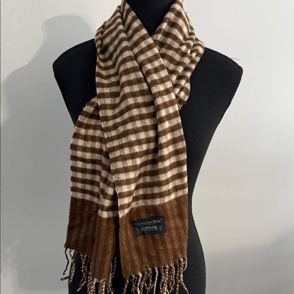 Vintage Dior Scarf in Brown and Cream Stripes -Cashmaire